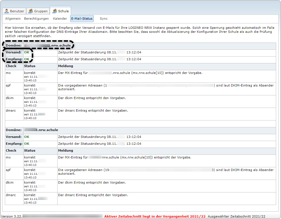 Reiter "Schule", Bereich "E-Mail-Status", "Domäne" und "Versand: OK" sowie "Empfang: OK" markiert