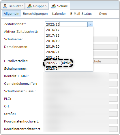 Benutzerverwaltung, Reiter "Schule", Bereich "Allgemein", Dropdown "Zeitabschnitt" geöffnet, "2022/23 (aktiv)" markiert