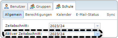 Benutzerverwaltung, Reiter "Schule", Bereich "Allgemein", Dropdown "Aktiver Zeitabschnitt" offen, "2023/24 (aktiv)" markiert