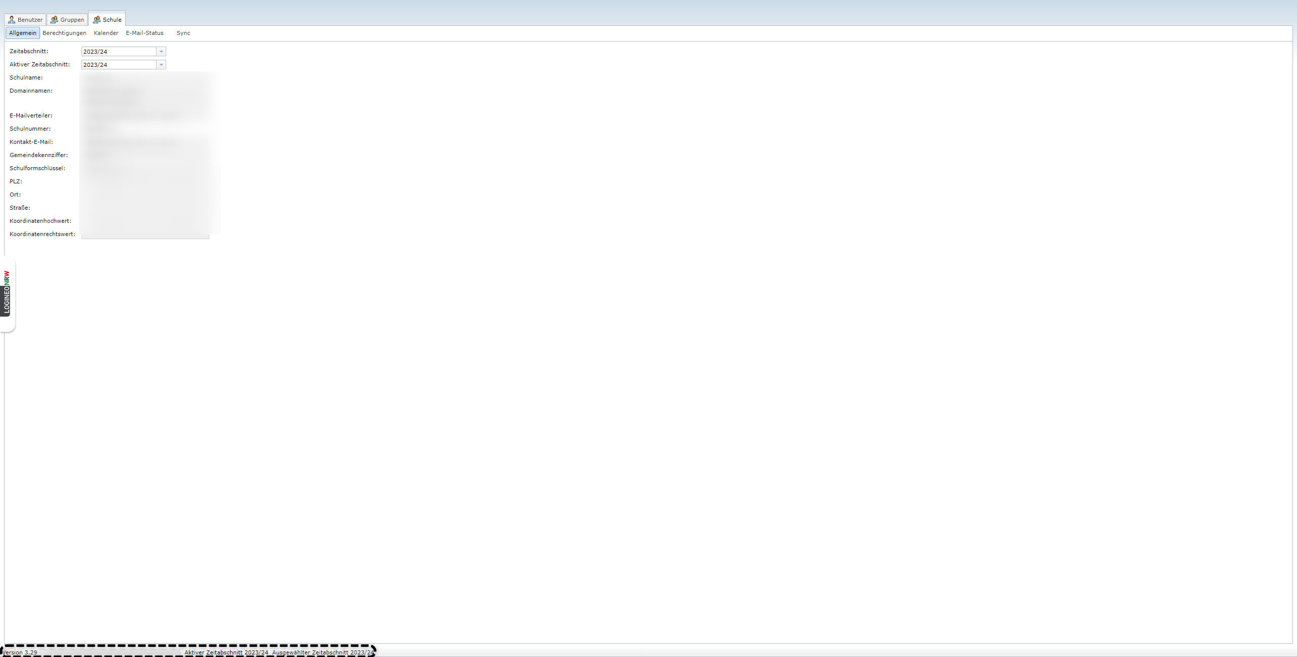 Benutzerverwaltung, Reiter "Schule", Bereich "Allgemein", Fußzeile mit Versionsangabe und Schuljahresangabe markiert