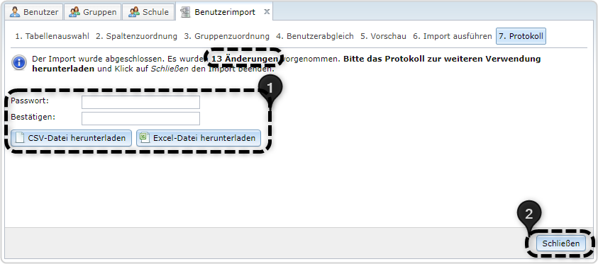 Anzahl Änderungen markiert, Nr.1 Passwort, Bestätigen , CSV-Datei oder Excel-Datei herunterladen, Nr. 2 Schließen