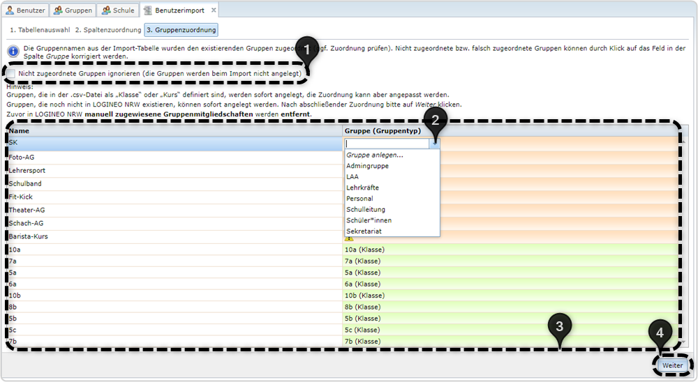 Nr. 1 Checkbox leer nicht zugeordnete Gruppen ignorieren, Nr.2 Gruppentyp Drop-down-Menü, Nr.3 Inhalt, Nr.4 Weiter