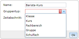 Barista-Kurs Gruppentyp: Drop-down-Menü