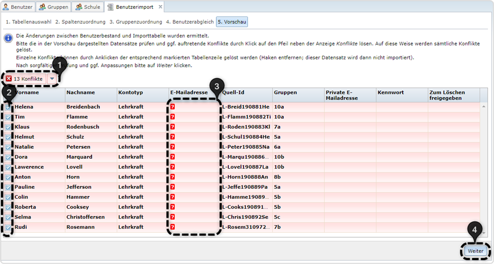 Nr. 1 Drop-down Konflikte, Nr.2 Checkboxen, Nr.3 Konflikte in der Spalte E-Mailadresse, Nr.4 Weiter