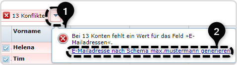 Nr. 1 Pfeil neben Anzahl Konflikte Nr. 2 Link „E-Mailadresse nach Schema max.mustermann genenerieren" im Hinweis