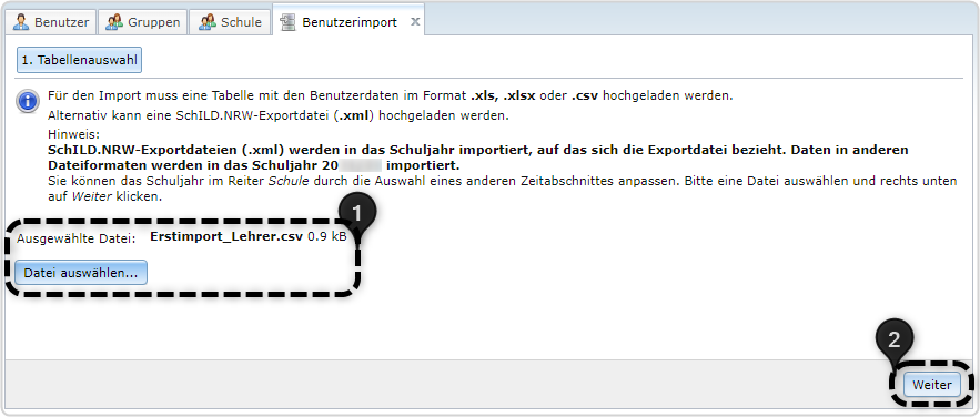 Nr. 1 Datei auswählen, hochgeladene Importdatei ist eingebunden, Nr. 2 Weiter