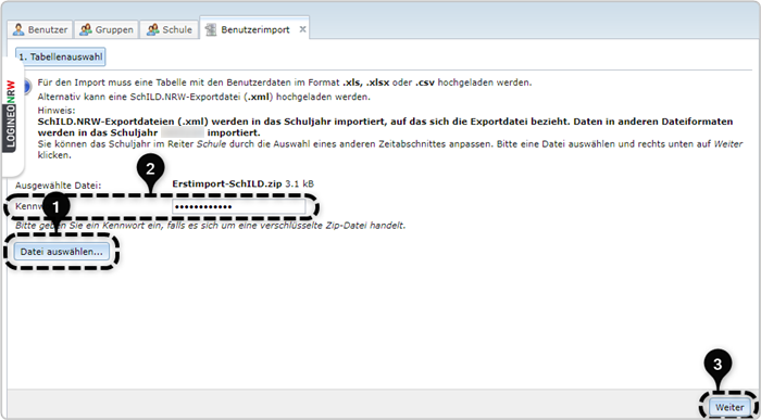 Tabellenauswahl: Nr. 1: Datei auswählen..., Ausgewählte Datei: Erstimport-SchILD.zip, Nr.2 markiert Kennwort eingegeben 