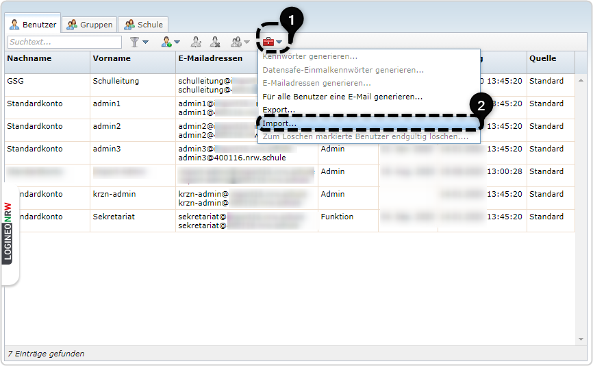 Ausschnitt Benutzerverwaltung, Reiter "Benutzer" Nr 1 roter Werkzeugkoffer markiert, Nr.2 "Import" im Dropdown-Menü markiert