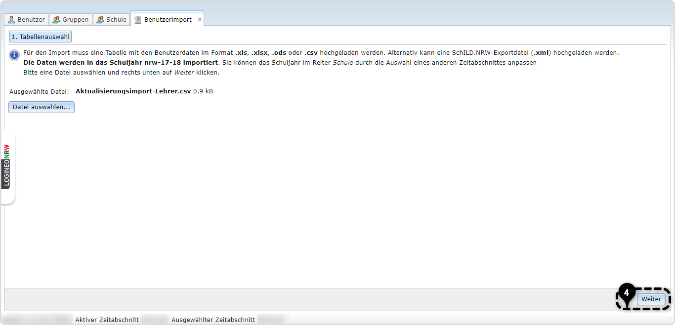 1. Tabellenauswahl, ausgewählte Datei: Aktualisierungesimport-Lehrer.csv  Nr. 4 markiert Weiter