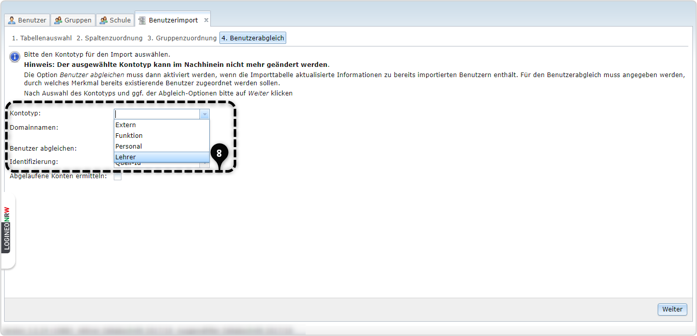 4. Benutzerabgleich, Nr. 8 Kontotyp Drop-down-Menü: Extern, Funktion, Personal, Lehrer