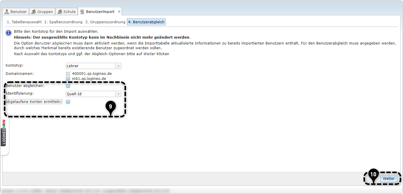 4. Benutzerabgleich, Nr. 9 Benutzer abgleichen Checkbox aktiv, Identifizierung Quell-ID, Abgelaufene Konten ermitteln aktiv