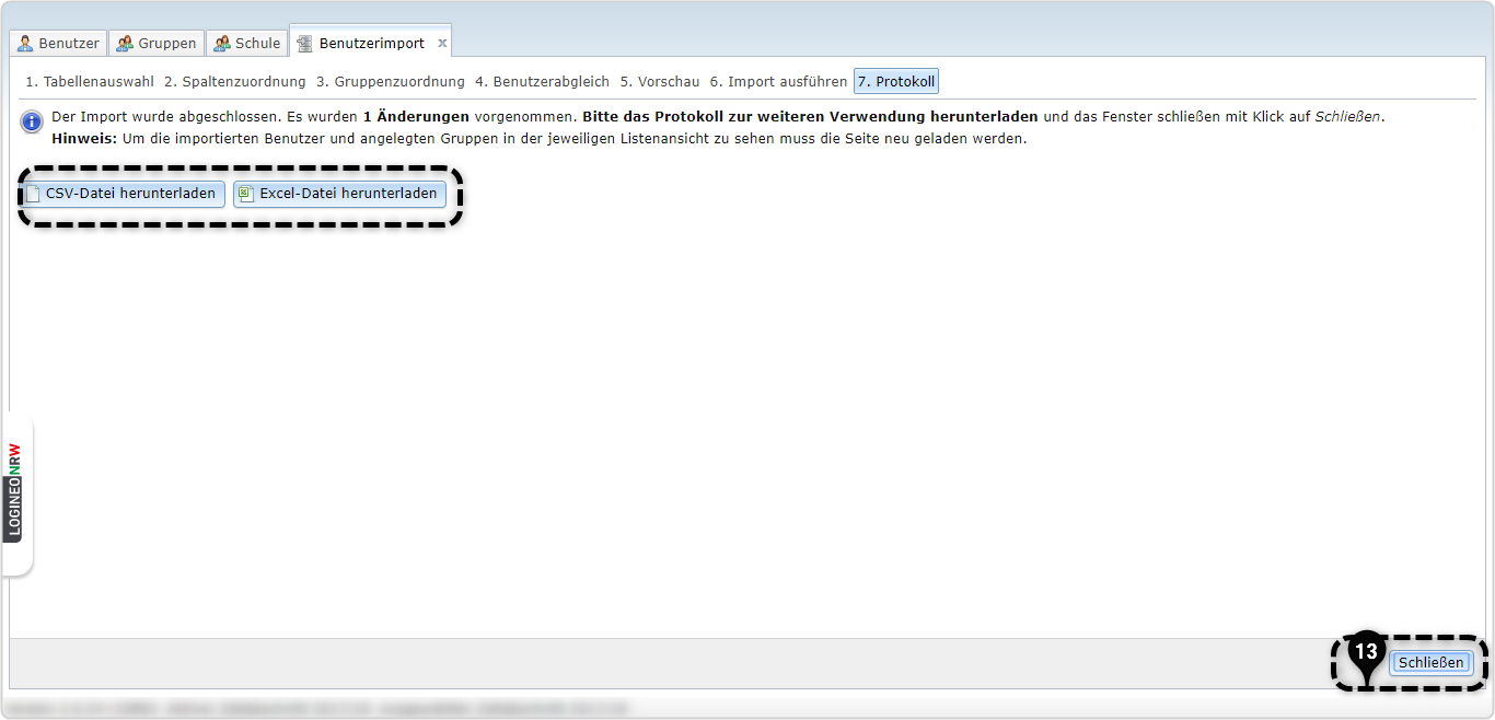 7. Protokoll: markiert CSV-Datei herunterladen, Excel-Datei herunterladen, Nr. 13 Schließen markiert.