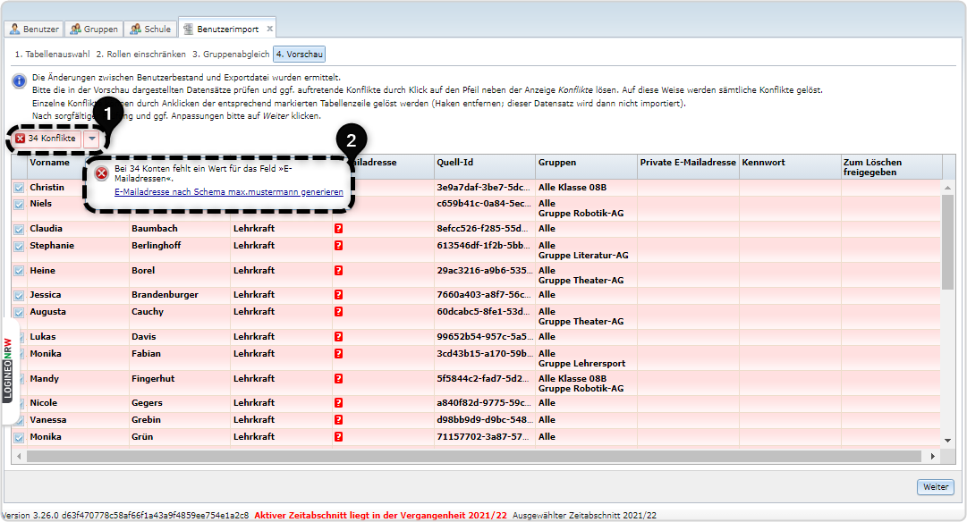 4. Vorschau Nr. 1 Pfeil bei Anzahl Konflikte Nr. 2. Ausklappmenü mit Link E-Mailadresse nach Schema max.mustermann generieren
