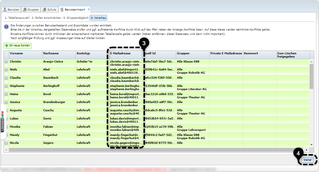 Vorschau 2. Nr. 3 generierte E-Mailadressen, Nr. 4 Weiter