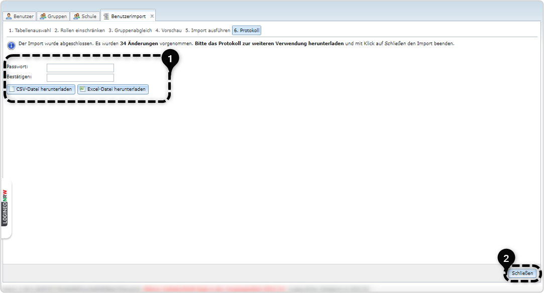 5. Protokoll Nr. 1: Vergabe Passwort, Bestätigen, CSV-Datei herunterladen, Excel-Datei herunterladen, Nr. 2 Schließen