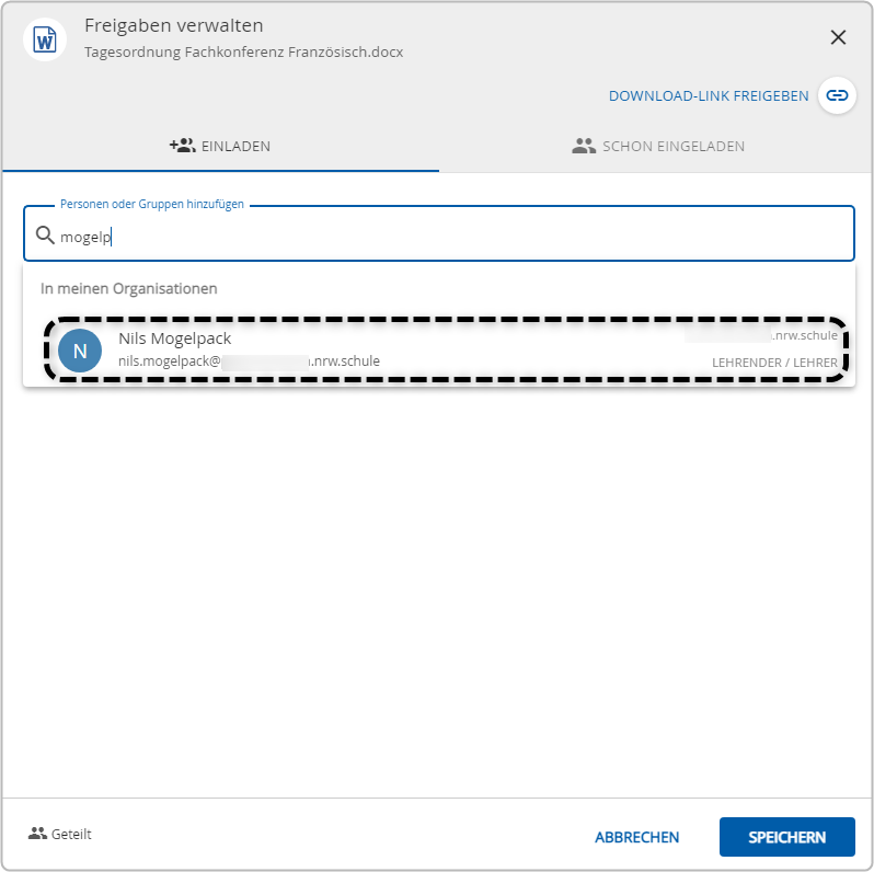 Freigabedialog in der Bildungscloud mit Markierung der ausgewählten Person