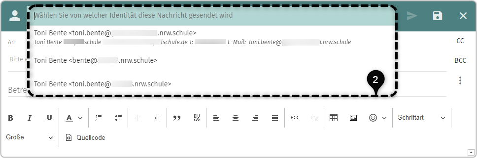 Fenster zum Verfassen einer E-Mail, Absenderfeld (Auswahlmöglichkeiten der Absender-Adressen ausgeklappt) markiert mit Nummer 2