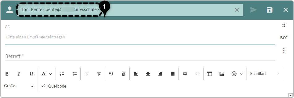 Fenster zum Verfassen einer E-Mail, Absenderfeld (primäre E-Mail-Adresse sichtbar) markiert mit Nummer 1