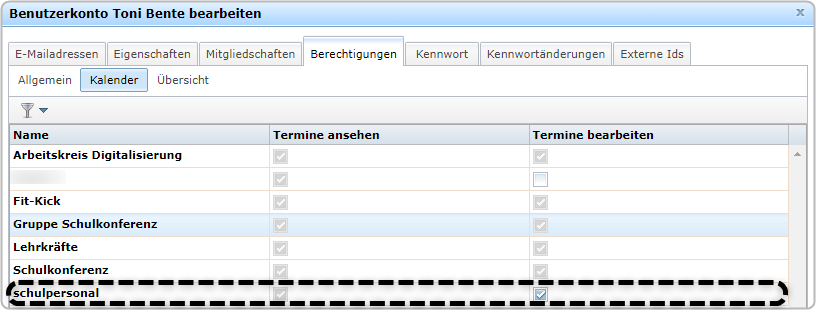 Benutzerkarte Toni Bente, Reiter "Berechtigungen", Bereich "Kalender", Gruppenkalender Berechtigung setzen Nicht-Mitglieder 