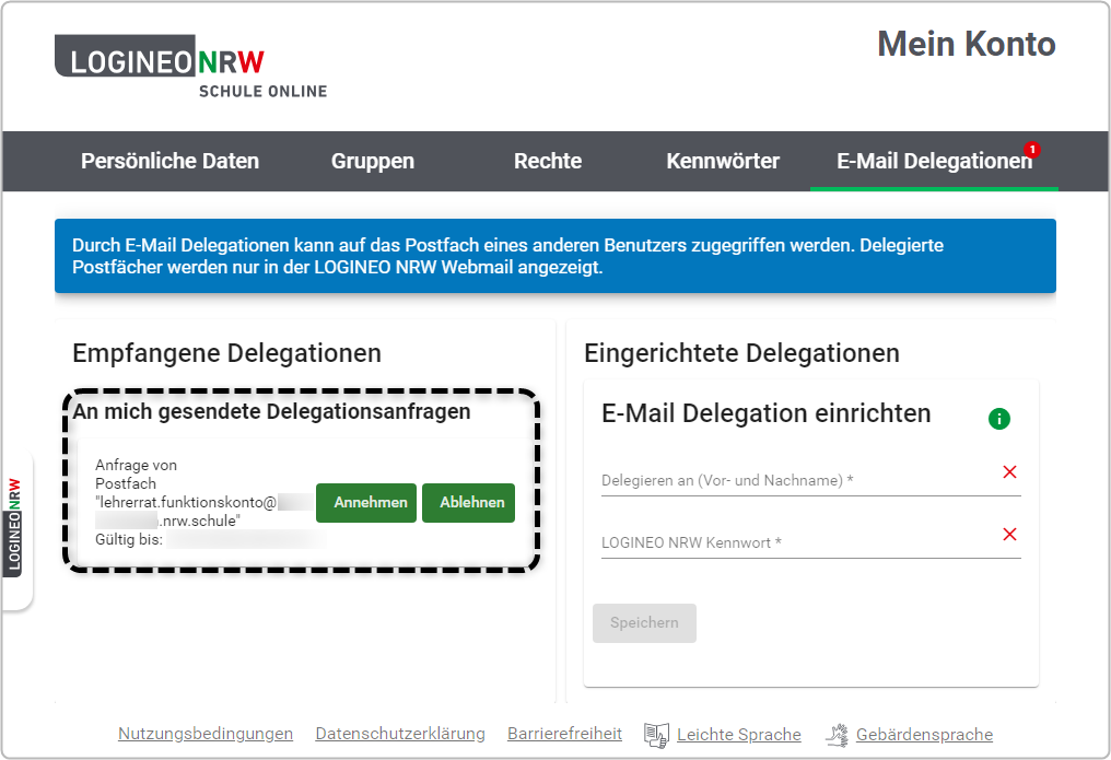 "Mein Konto", "An mich gesendete Delegationsanfragen" markiert