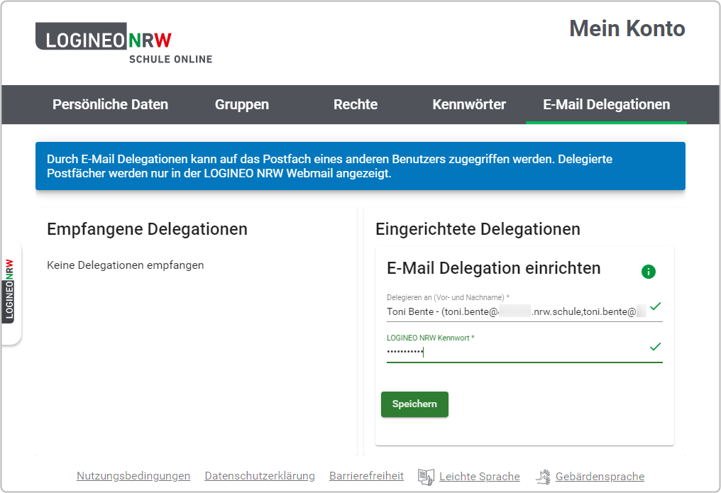 Übersicht "Mein Konto", "E-Mail Delegationen", Adresse Toni Bente und Kennwort eingegeben