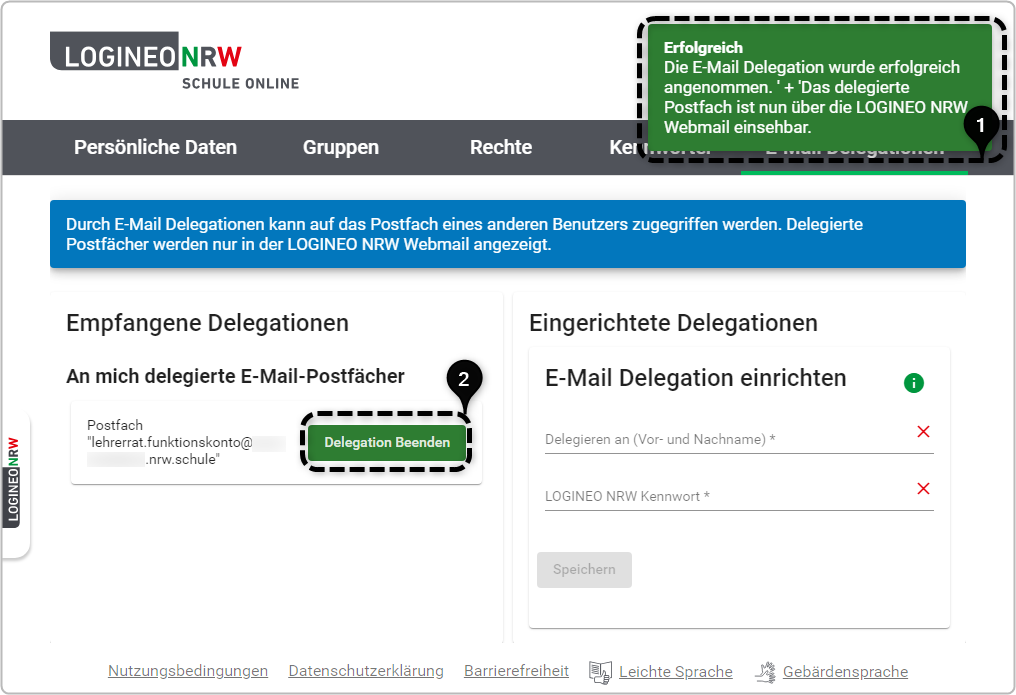 "Mein Konto", Postfachdelegation angenommen, Erfolgsmeldung mit 1 markiert, "Delegation beenden" mit 2 markiert