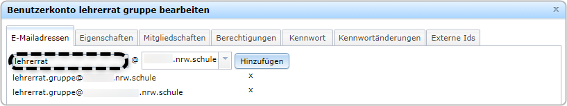 Benutzerkarte Konto lehrerrat gruppe bearbeiten, Reiter "E-Mailadressen", Eingabefeld für E-Mail-Adresse markiert