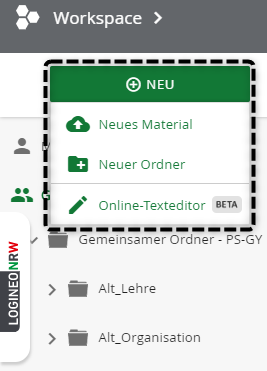 Verwaltungscloud Neu Button Optionen Neues Material, Neuer Ordner, Neues Dokument erstellen mit dem Online-Texteditor