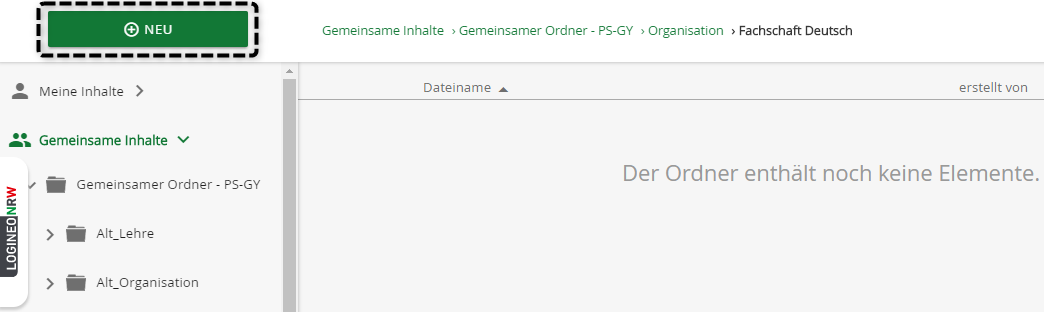 Der "Neu" Button in der Verwaltungscloud um neue Ordner oder Materialien anzulegen
