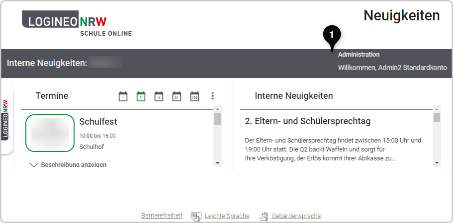 Ansicht Neuigkeitenseite (Interne Neuigkeiten), Zahl 1 an Button "Administration"