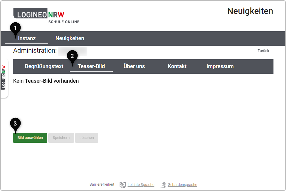 Übersicht Reiter Instanz, geöffneter Reiter "Teaser-Bild", Zahl 1 bei "Instanz", Zahl 2 bei "Teaser-Bild", Zahl 3 bei Button "Bild auswählen"