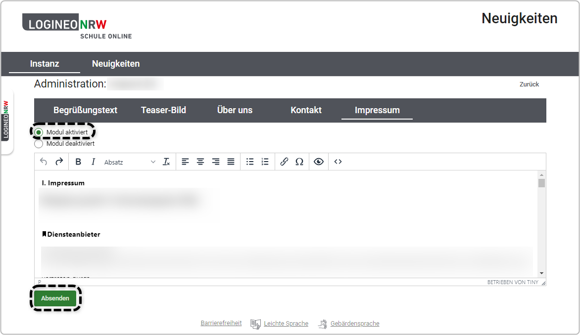 Textfeld Eingabe Impressum mit Beispieltext, Checkbox "Modul aktiviert" markiert, Button "Absenden" markiert