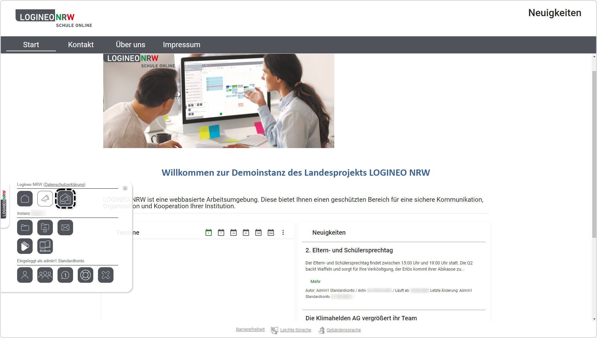 Startseite, Flyout ausgeklappt, Kachel "Neuigkeiten und Termine" markiert
