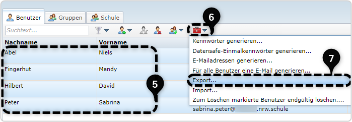 Klickweg Auswahl der Benutzer Werkzeugkoffer Export