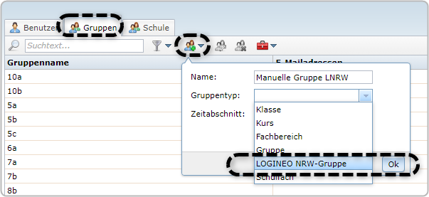 Screenshot welcher die Schaltflächen zeigt, mit denen in der Benutzerverwaltung eine LOGINEO NRW Gruppe erstellt werden kann.