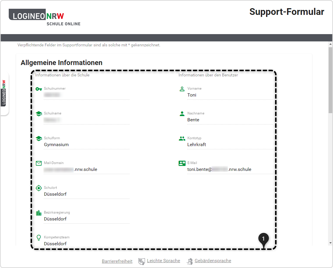 Supportformular, Bereich "Allgemeine Informationen" vorausgefüllt und mit Zahl 1 markiert