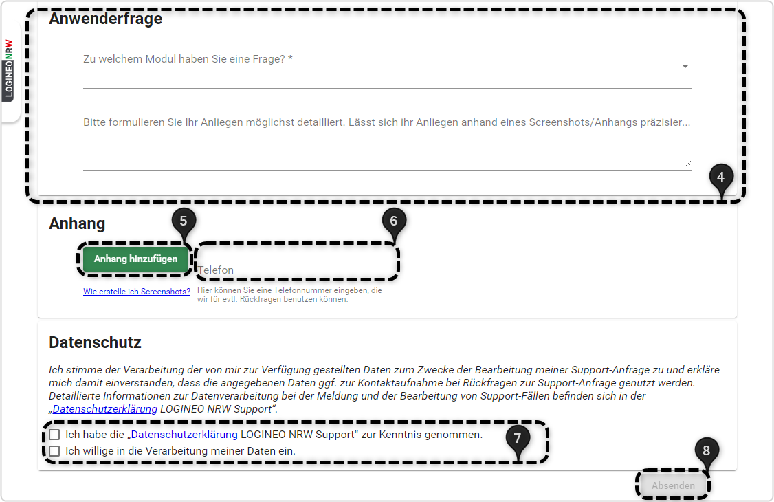 Supportformular, Auswahl Modul zur Frage mit 4 markiert, Button "Anhang" mit 5, Feld "Telefonnummer 6, Datenschutz 7, Senden8