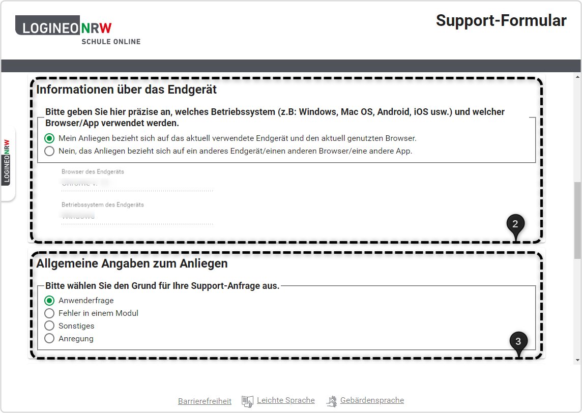 Supportformular, "Informationen über das Endgerät", "Allgemeine Angaben" vorausgefüllt, mit Zahlen 2 und 3 markiert